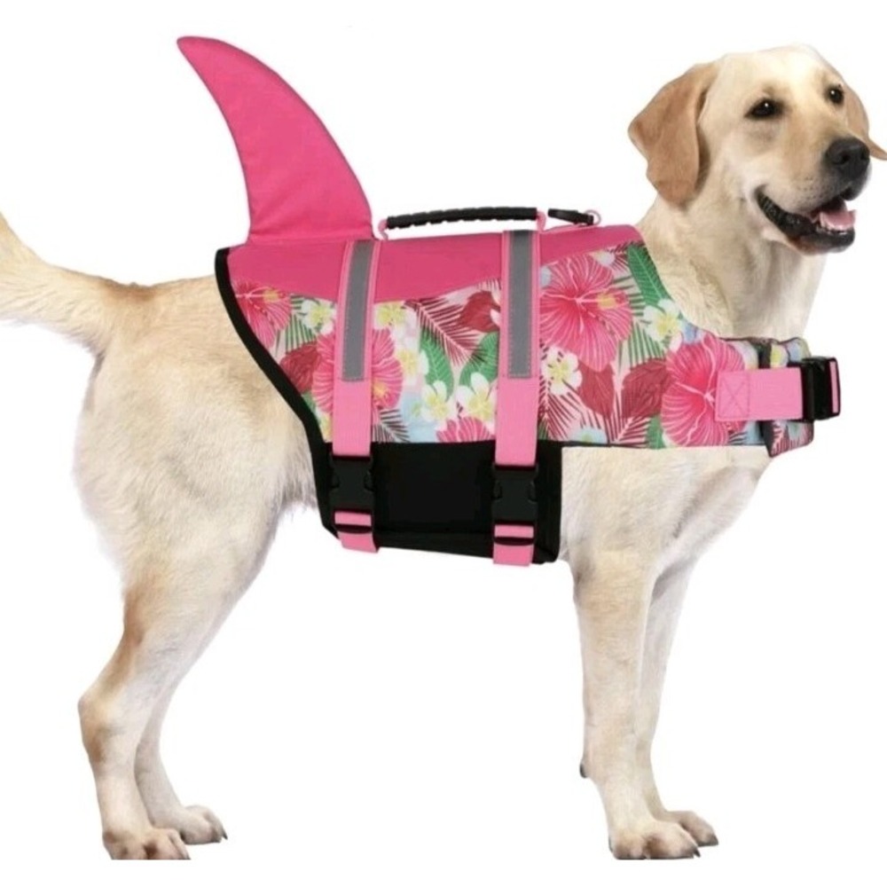 New Shark Dog Life Jacket Buoyancy Rescue Handle Adjustable PINK HAWAIIAN Swim